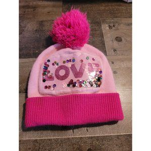 Pink winter hair love sequin hat pom pom